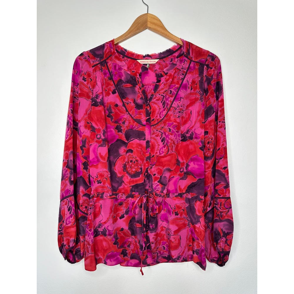 Rebecca Taylor 100% Silk Drawstring Waist Blouse Size 6 Pink Floral Feminine